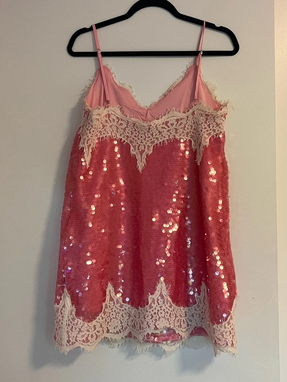 Sequin Slip Mini Dress with Cream Lace Trim in Pink - Picture 5 of 7